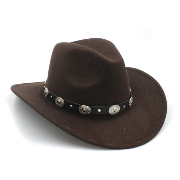 100% Wool Vintage Womem Men Western Cowboy Hat With Wide Brim Punk Belt Cowgirl Cap