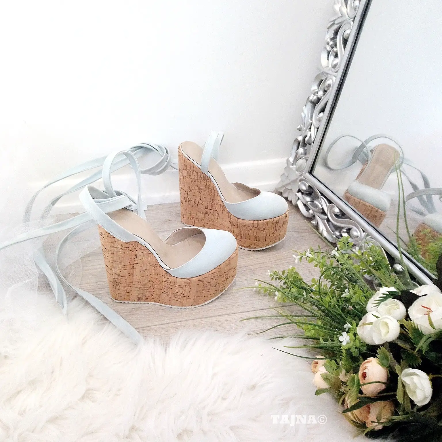 Baby Blue Lace Up High Heel Wedding Shoes Wedges