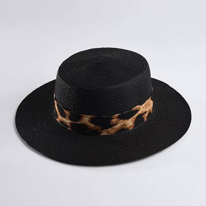 Black Paper Straw Summer Hat With Leopard Ribbon