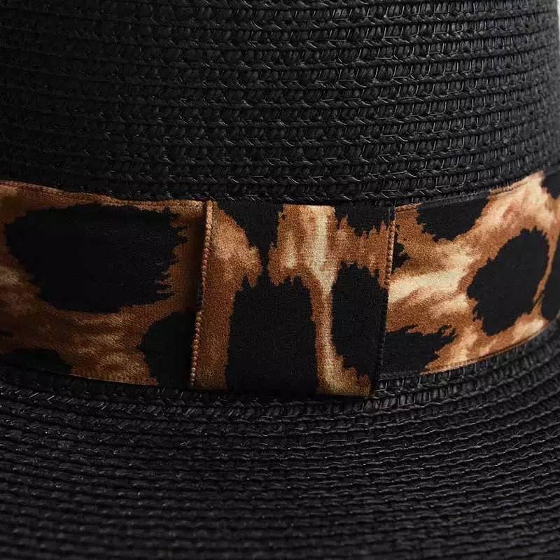 Black Paper Straw Summer Hat With Leopard Ribbon