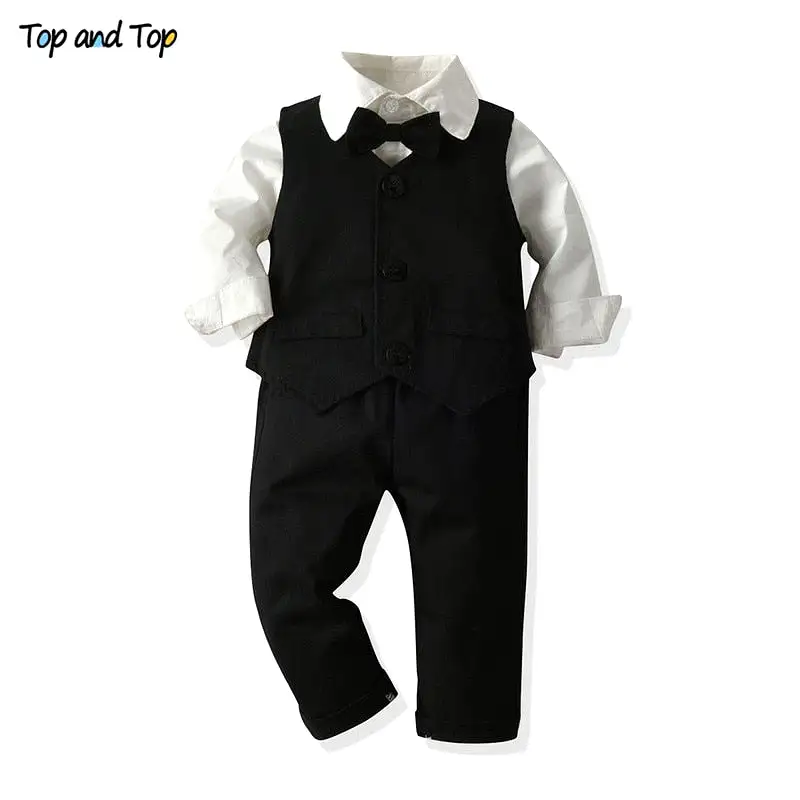 Boys Gentleman White Romper Top+Vest+Trousers Outfit