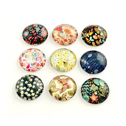 Cabochons, Glass, Dome, Seals, Flat Back, Assorted, Printed, Plants And Animals, 8mm