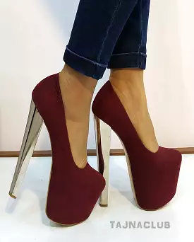 Claret Red  Silver High Heel Platform Shoes