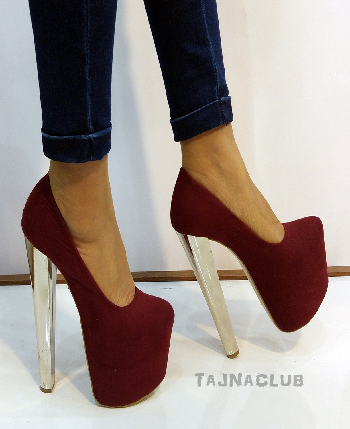 Claret Red  Silver High Heel Platform Shoes