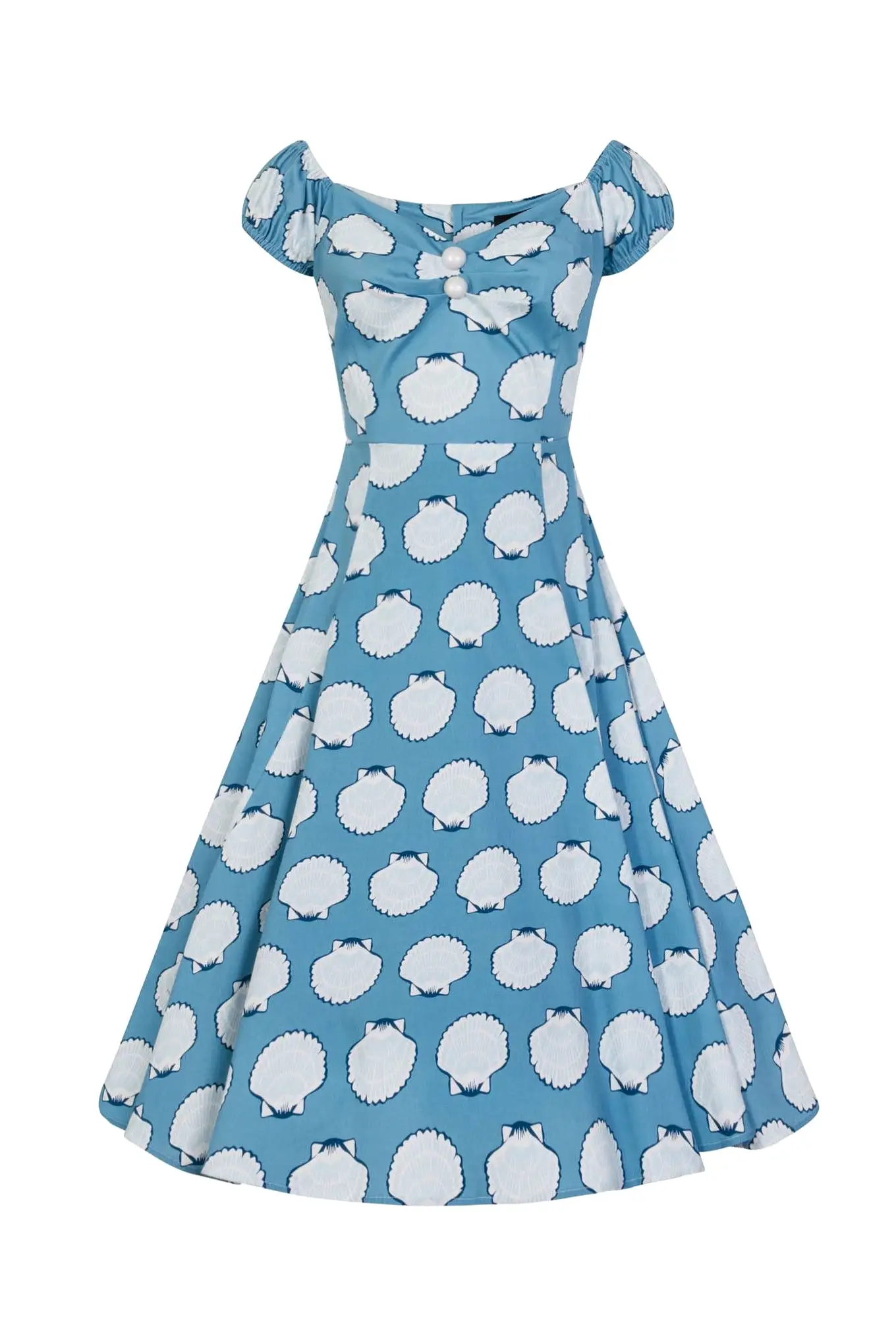 Collectif Sky Blue Seashell Print Sweetheart Neckline 50s Swing Dress