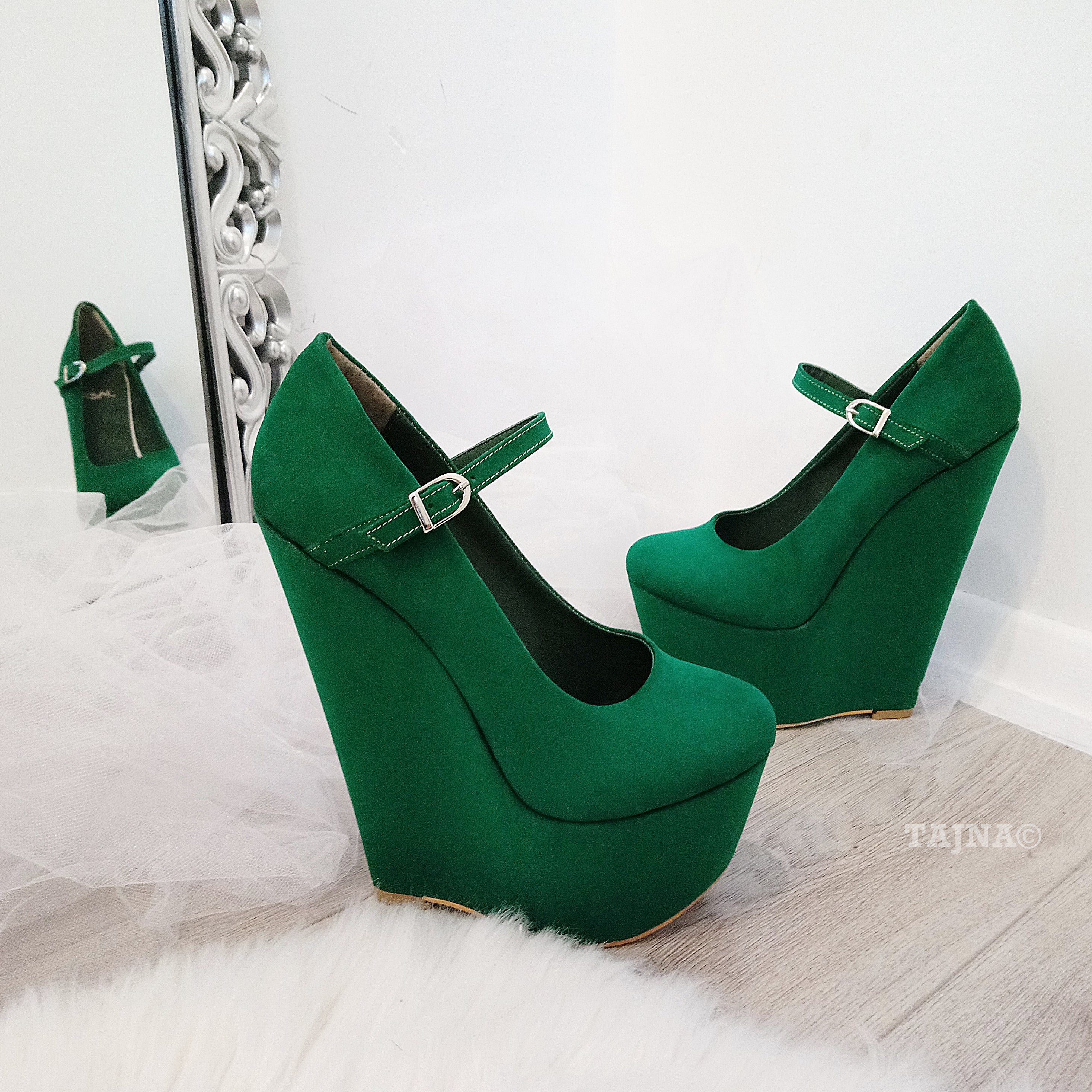 Dark Green Suede High Heel Wedge Shoes