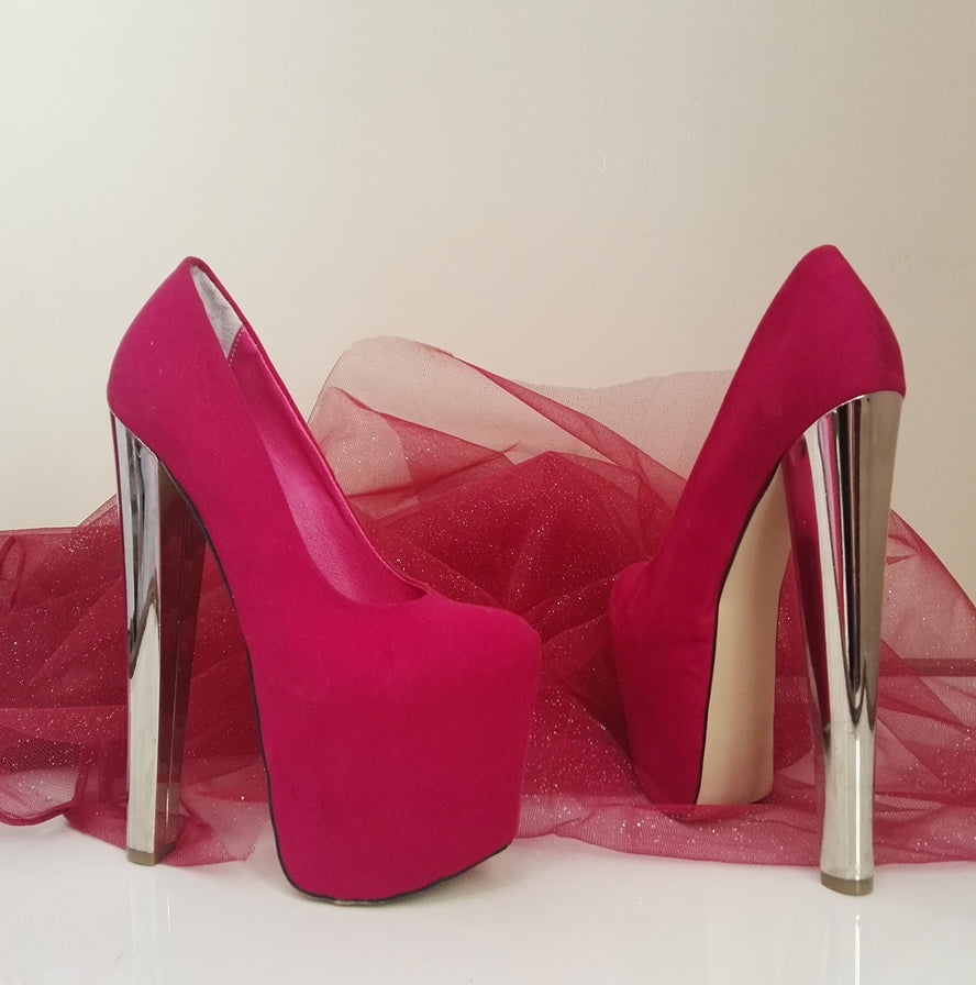 Dark Pink Suede Silver Metalic 19 cm High Heel Platform Shoes