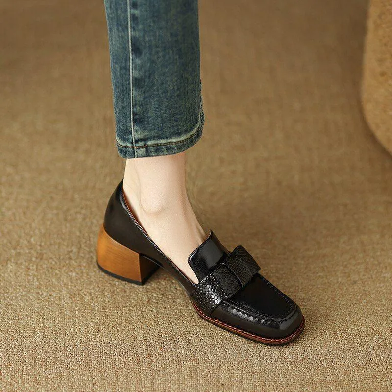 DX200 Women's Casual Shoes - Fashion Leather Pumps with Square Thick Heels