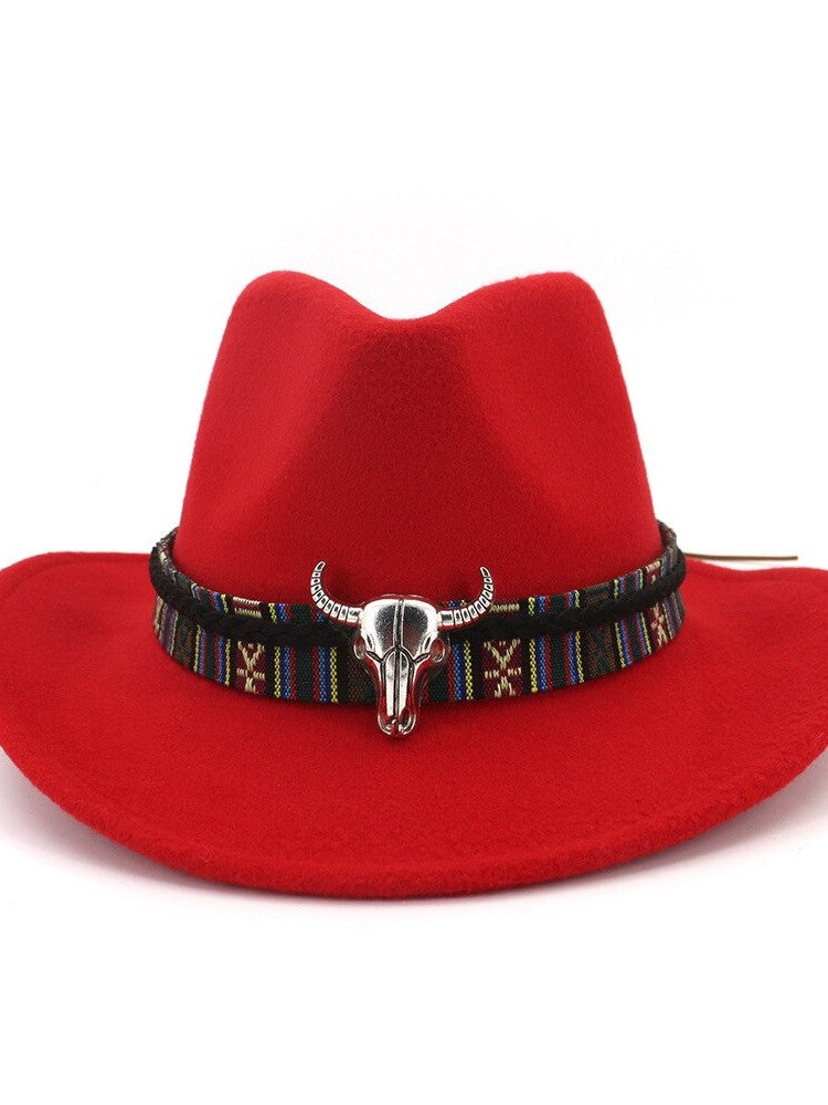 Ethnic Style Cowboy Hat Men Wool Wide Brim Unisex Bull Shaped Decor Western Cowboy Hats Women Elegant Party Caps