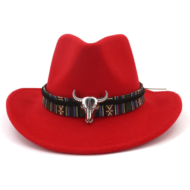 Ethnic Style Cowboy Hat Men Wool Wide Brim Unisex Bull Shaped Decor Western Cowboy Hats Women Elegant Party Caps