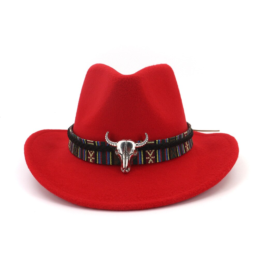 Ethnic Style Cowboy Hat Men Wool Wide Brim Unisex Bull Shaped Decor Western Cowboy Hats Women Elegant Party Caps