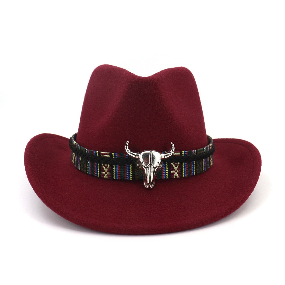 Ethnic Style Cowboy Hat Men Wool Wide Brim Unisex Bull Shaped Decor Western Cowboy Hats Women Elegant Party Caps