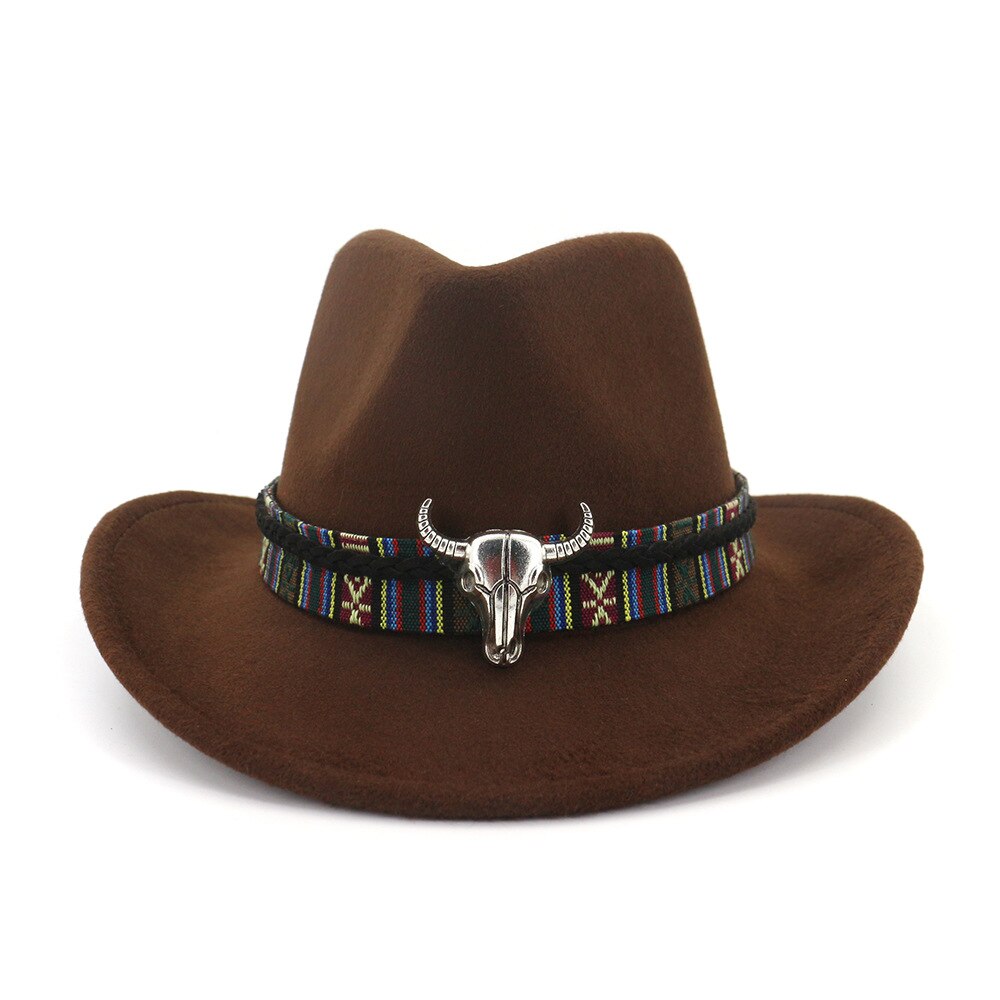 Ethnic Style Cowboy Hat Men Wool Wide Brim Unisex Bull Shaped Decor Western Cowboy Hats Women Elegant Party Caps