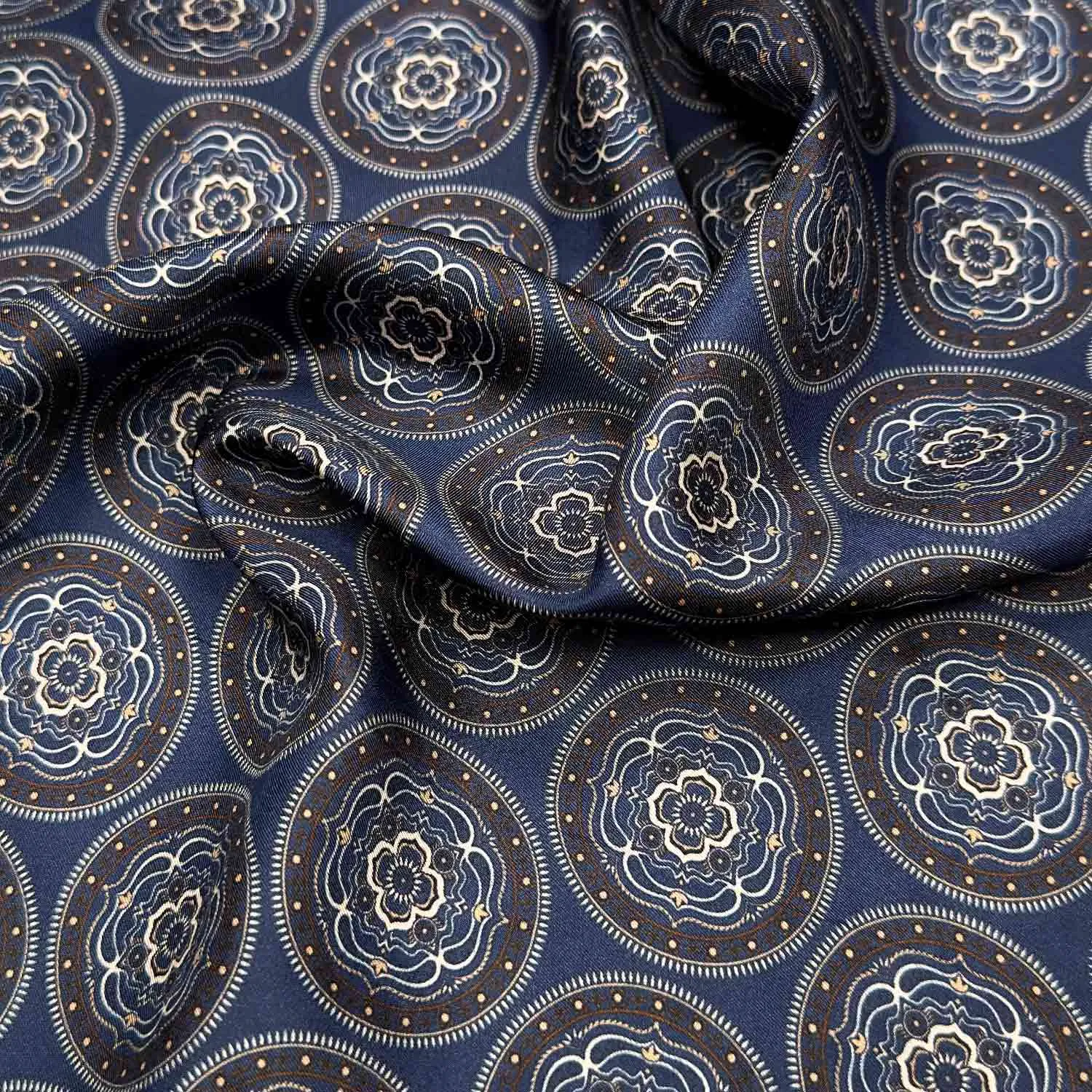 F.Marino Silk Pocket Square Mandala Medallions Denim Blue