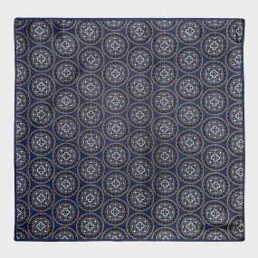 F.Marino Silk Pocket Square Mandala Medallions Denim Blue