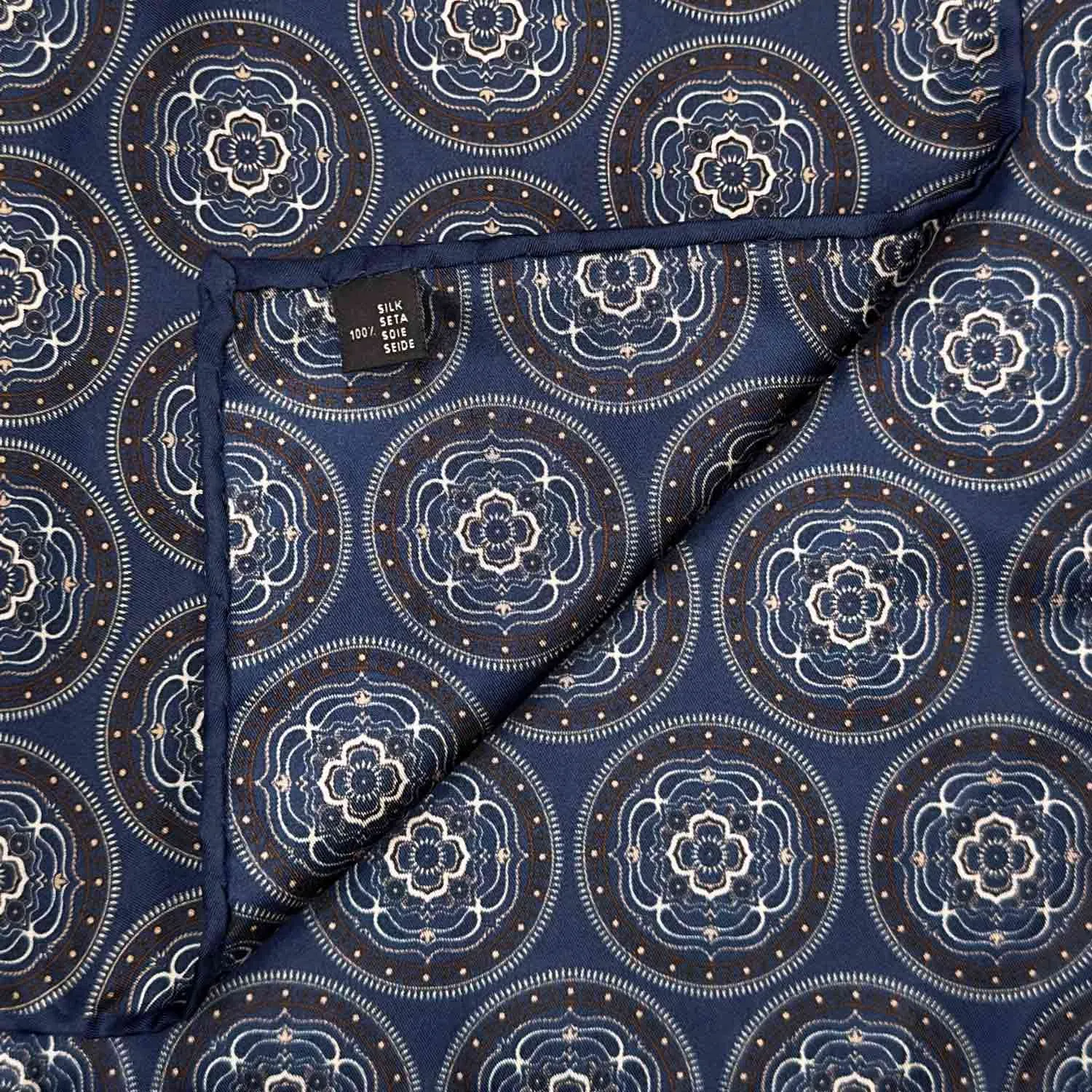 F.Marino Silk Pocket Square Mandala Medallions Denim Blue