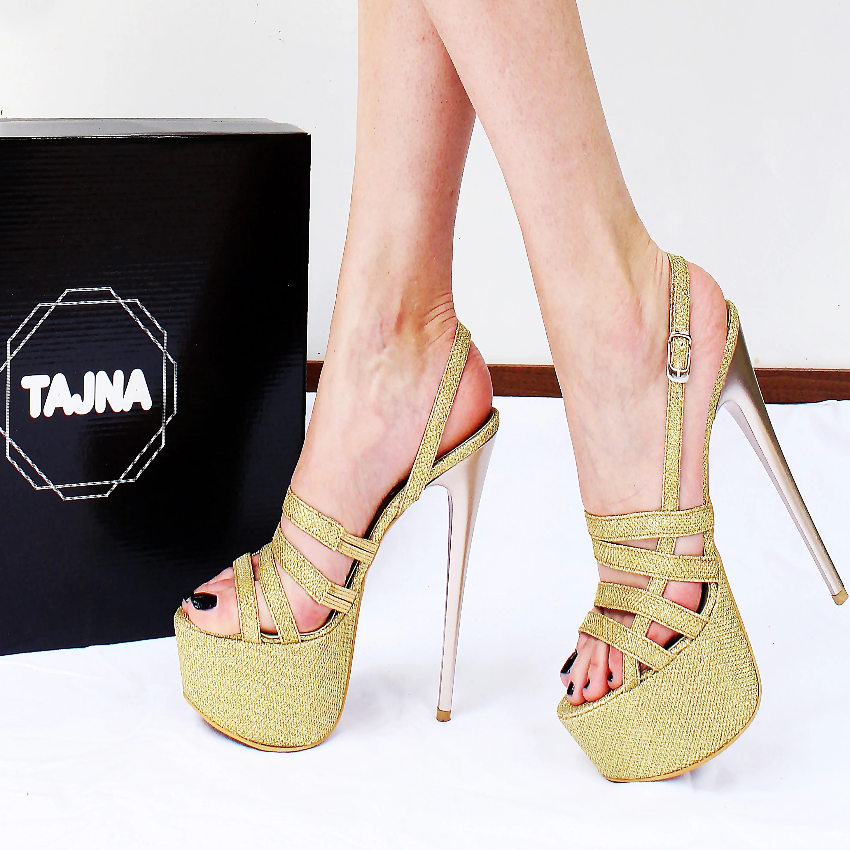 Gold Shiny Strap Peep Toe Platform Shoes