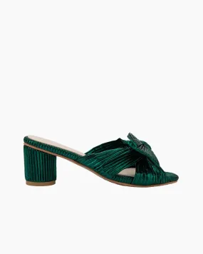 Green Pleated Bow Open Toe Chunky Block Heel Sandals