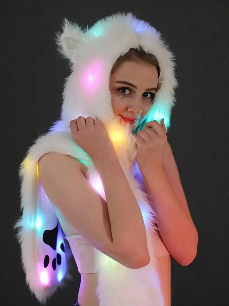 Holiday Party Women LED Hat Scarf Creative LED Light Up Faux Fur Animal Ears Hood Hat with Scarf