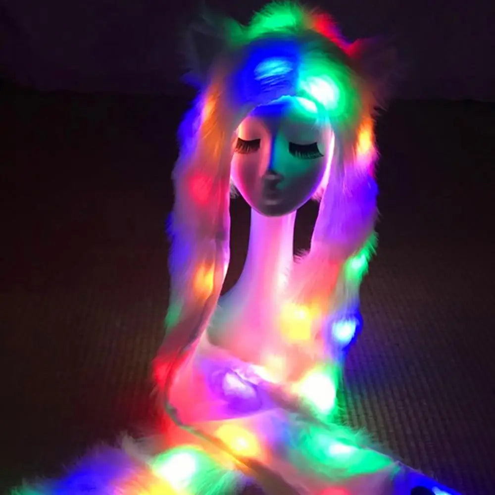 Holiday Party Women LED Hat Scarf Creative LED Light Up Faux Fur Animal Ears Hood Hat with Scarf