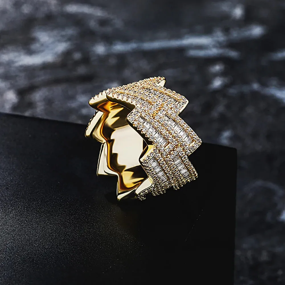 Iced Out Baguette Cubic Zirconia Ring Yellow Gold Hip Hop Cuban Jewelry