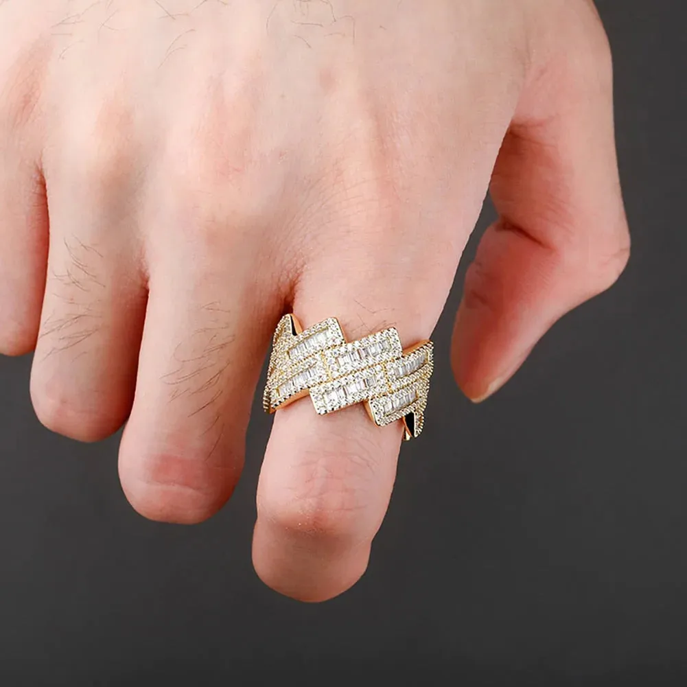 Iced Out Baguette Cubic Zirconia Ring Yellow Gold Hip Hop Cuban Jewelry