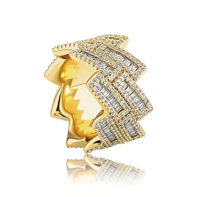 Iced Out Baguette Cubic Zirconia Ring Yellow Gold Hip Hop Cuban Jewelry