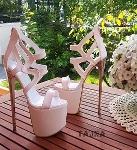 Laser Cage Cream Patent High Heel Platform Shoes