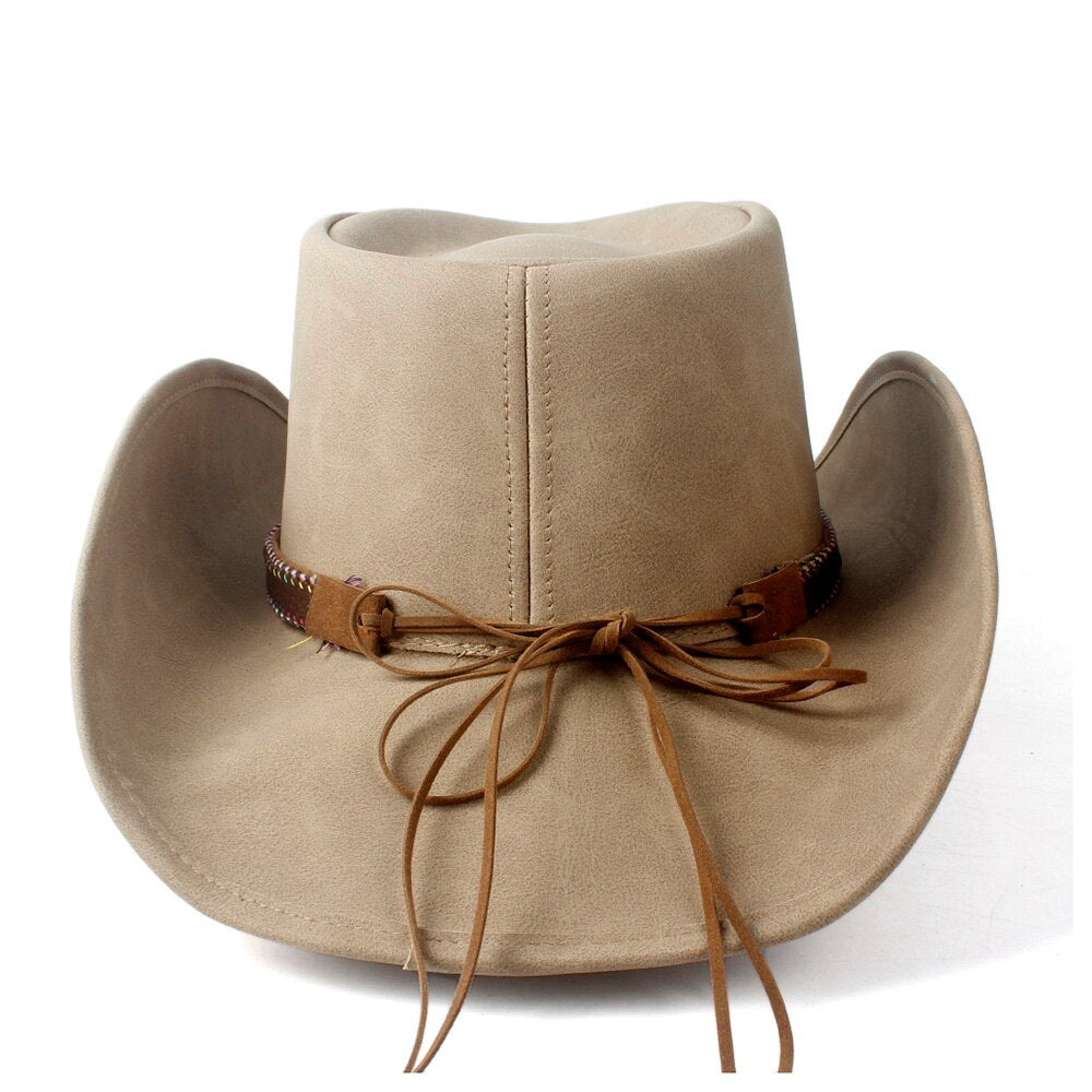 Leather Men Western Cowboy Hat For Gentleman Dad Cowgirl Sombrero Hombre Caps