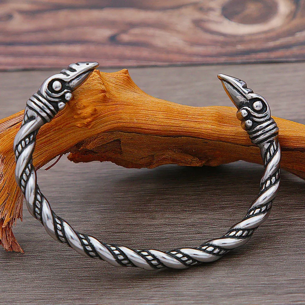 Men's Vintage Style Raven Pattern Adjustable Viking Cuff Open Bracelet