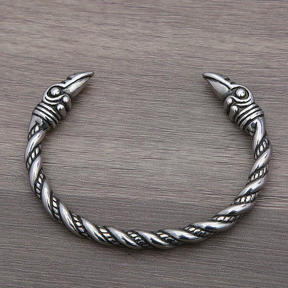 Men's Vintage Style Raven Pattern Adjustable Viking Cuff Open Bracelet