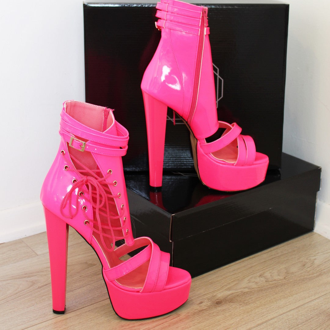 Neon Pink Lace Up Super High Heel Platform Shoes