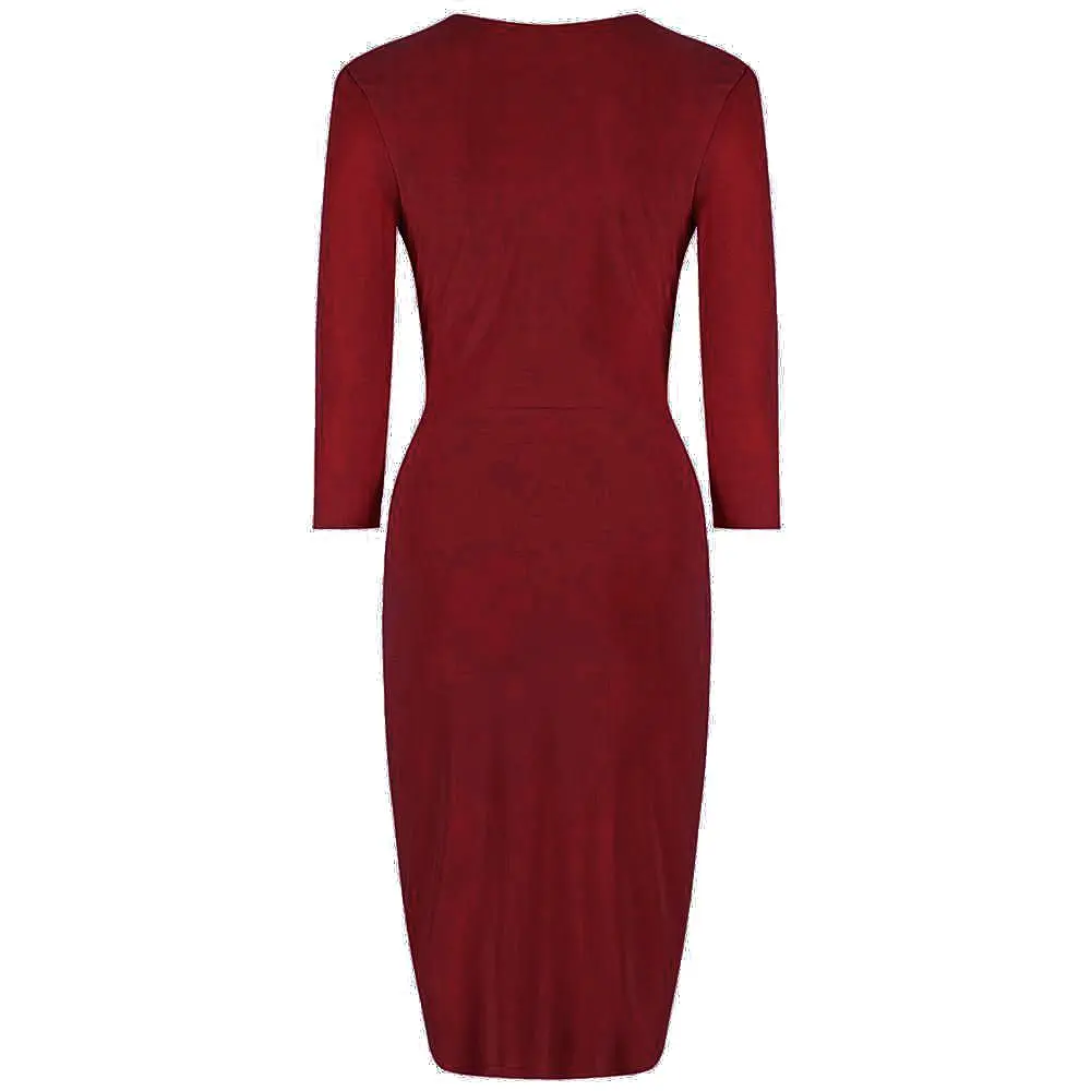 Red 3/4 Sleeve Crossover Top Bodycon Wiggle Pencil Dress