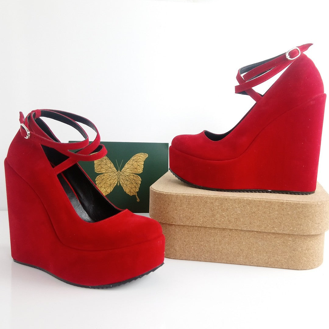 Red Suede Cross Strap Wedge Shoes