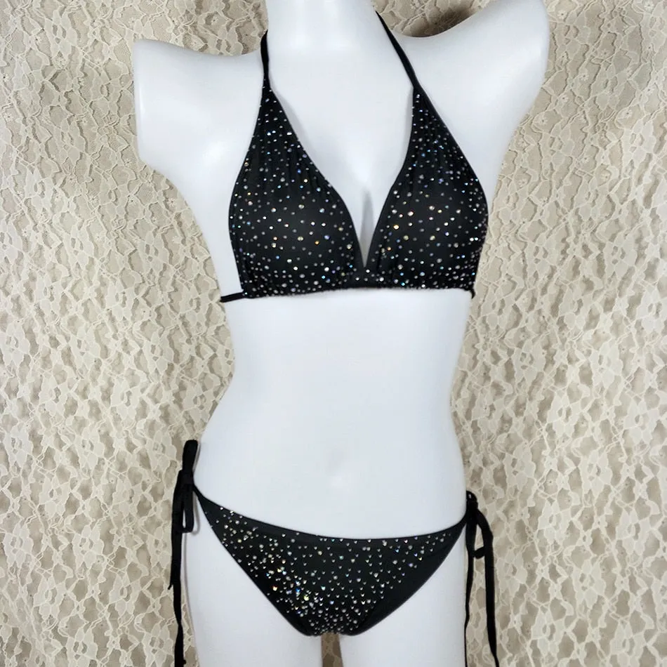 Sexy Diamond Brazilian Swimwear Low Waist Micro Thong Rhinestone Bikini