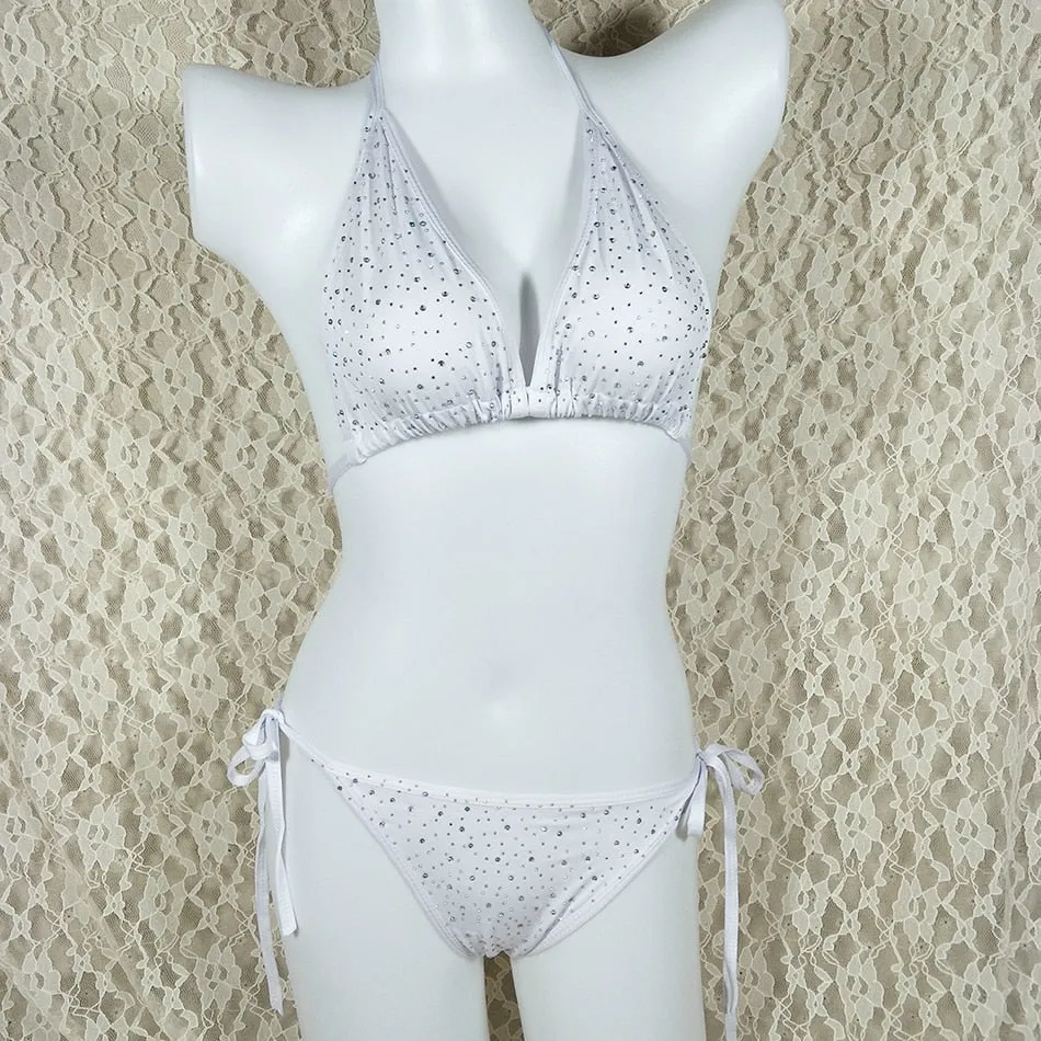 Sexy Diamond Brazilian Swimwear Low Waist Micro Thong Rhinestone Bikini