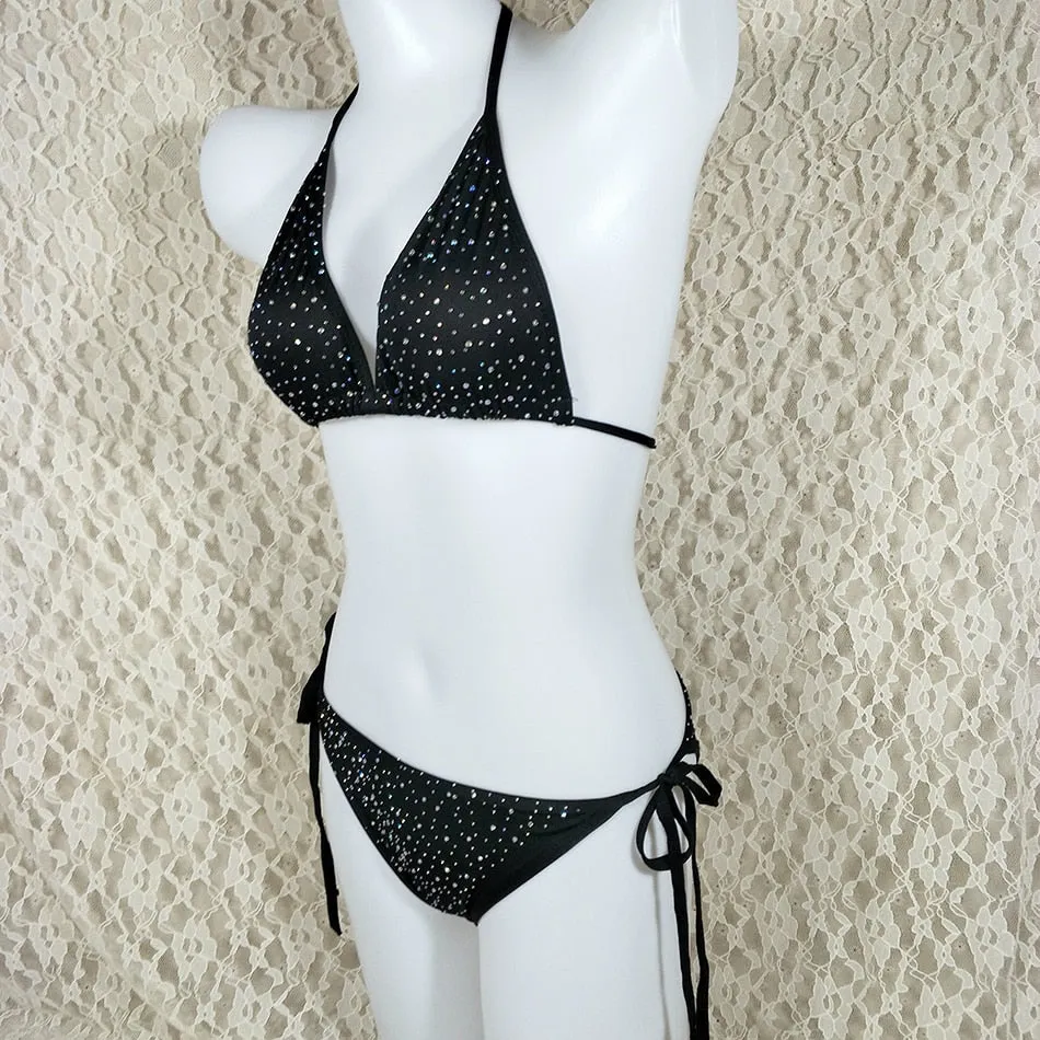 Sexy Diamond Brazilian Swimwear Low Waist Micro Thong Rhinestone Bikini