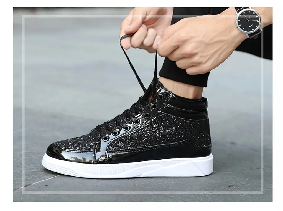 Shiny Solid Pattern Flat Heel Lace-up Closure High Top Shoes for Women