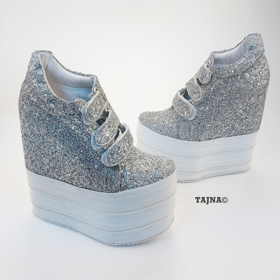 Silver Shiny Hidden Platform Heel Sport Shoes