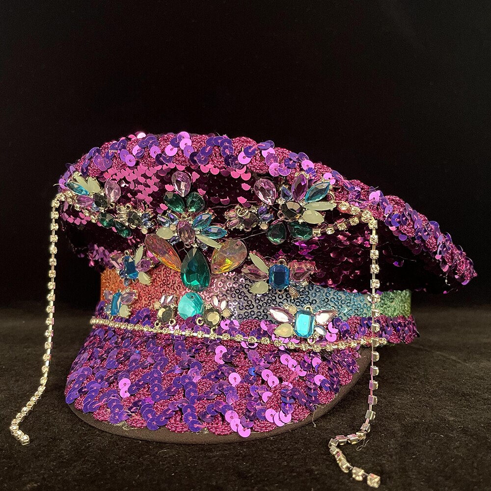 Women Captain Hats Sequin Burning Hats Hat Captain Sergeant Hat Luxury Yacht Week Rhinestone Hat