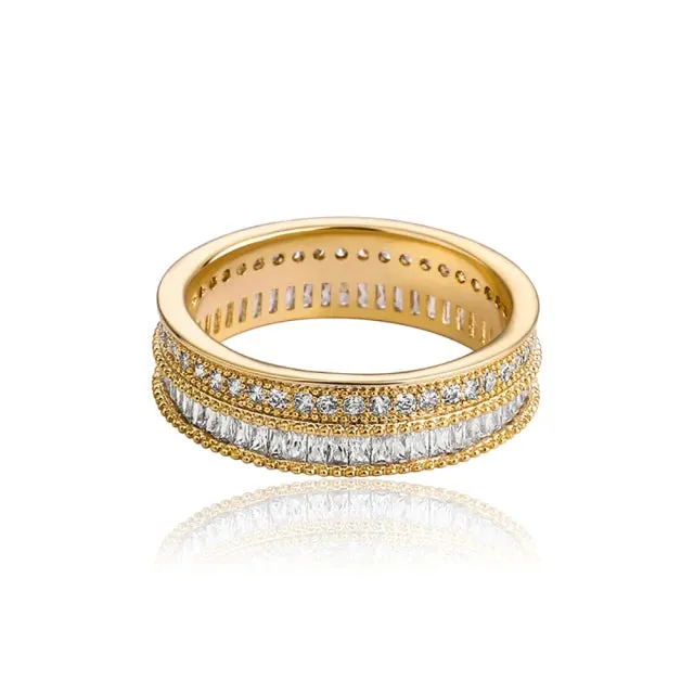 Women's 2-Layer Baguette Cubic Zirconia Ring Yellow Gold Hip Hop Jewelry