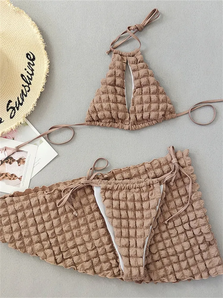 Women's Cut Out Cover Up Skirt String Thong 3 Pieces Bikini Swimwear Set