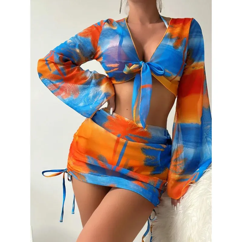 Women's Maple Print Tie Dye Long Sleeve Cover-Up Skirt 4 Piece Bikini Set