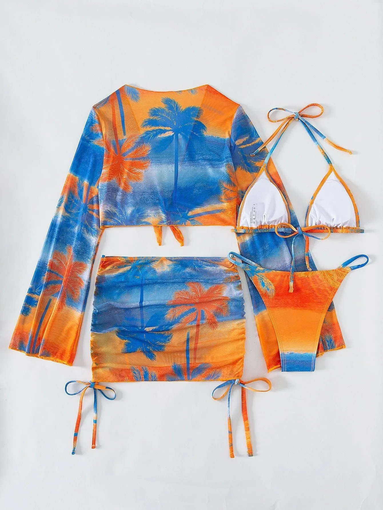 Women's Maple Print Tie Dye Long Sleeve Cover-Up Skirt 4 Piece Bikini Set