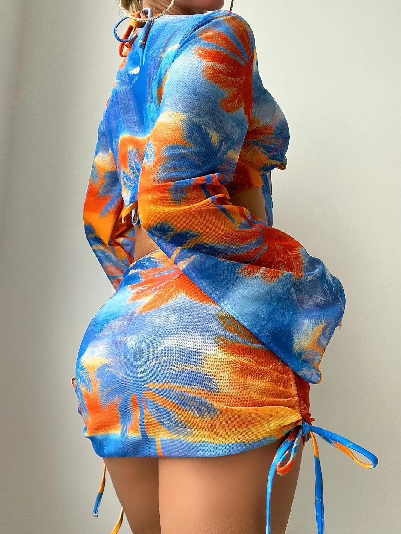 Women's Maple Print Tie Dye Long Sleeve Cover-Up Skirt 4 Piece Bikini Set