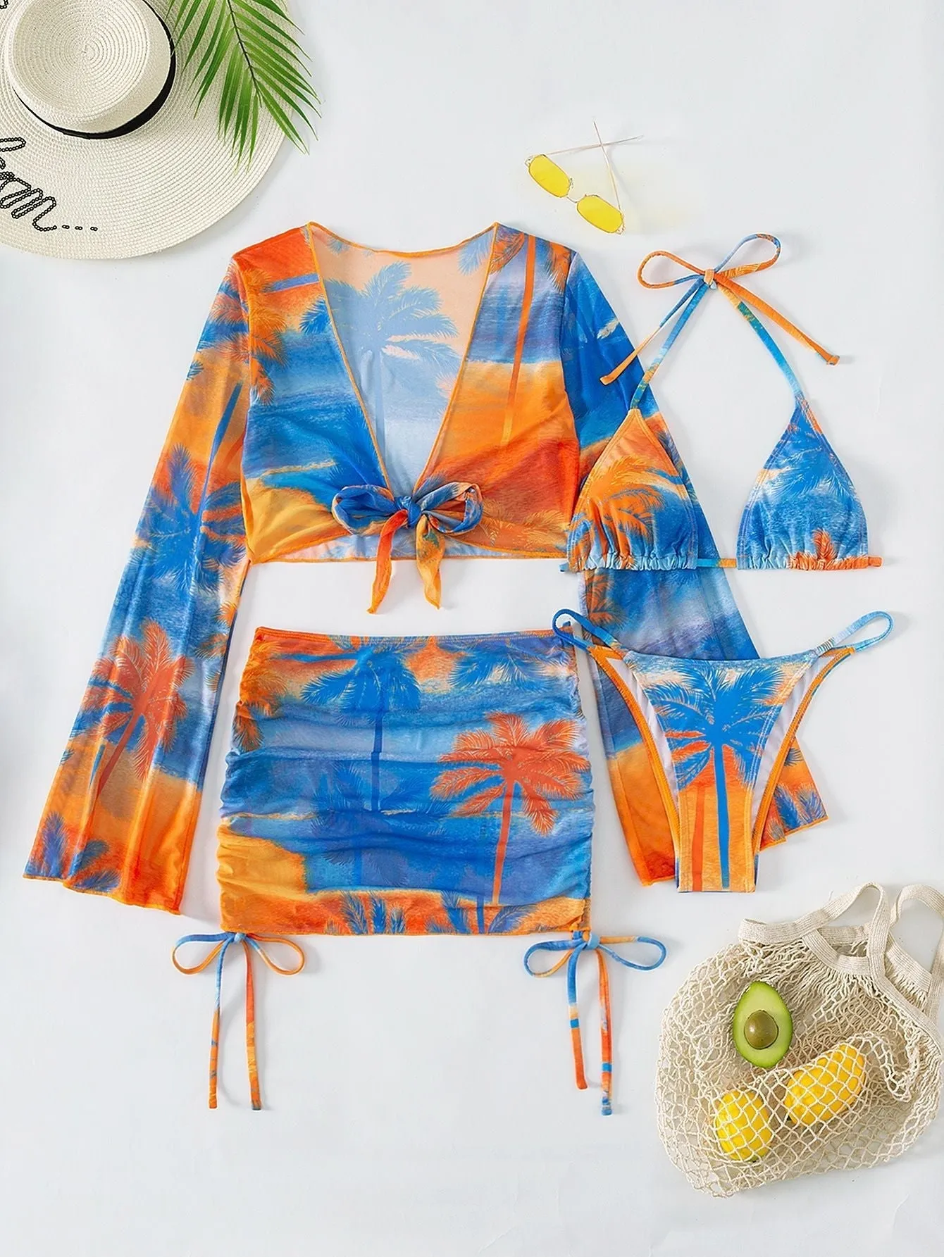 Women's Maple Print Tie Dye Long Sleeve Cover-Up Skirt 4 Piece Bikini Set